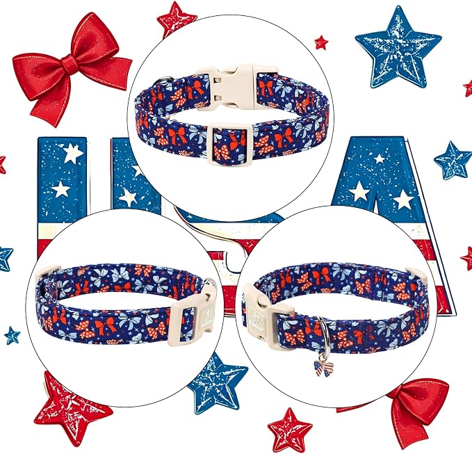 4th of July Dog Collar Navy Patriotic Bow Dog Collars for Giant Large Dogs - Lightweight Adjustable Independence Day Girl Puppy Collars Cute USA Flag Bow Female Dogs Collar XL