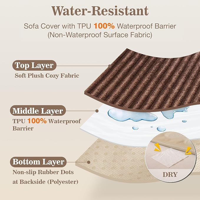 MYSKY HOME 100% Waterproof Couch Cover, Couch Covers for Dogs Washable, Non Slip Couch Covers for 2 Cushion Sofa Pet Friendly, Sofa Covers Slipcovers Furniture Protector Dog Bed Cover, Brown, 35"x63"