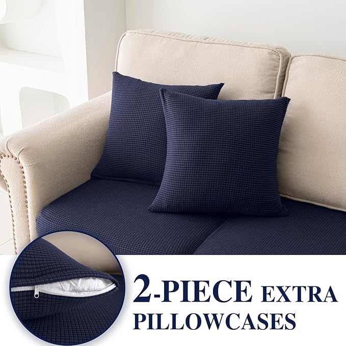 LA MEACK Couch Cushion Covers for Sectional Sofa L Shape Washable Separate Seat Chaise Couch Cover Stretch Sofa Slipcovers with 2 Pcs Pillowcases(2 Seater + 1 Chaise, Navy)