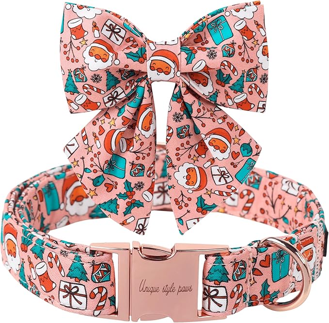 Unique Style Paws Christmas Day Dog Collar with Bowtie Pink Christmas Man Cotton Puppy Collars for Small Medium Large Dogs
