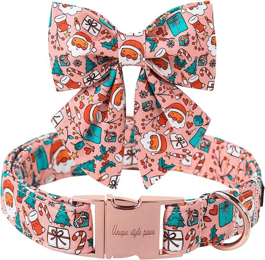 Unique Style Paws Christmas Day Dog Collar with Bowtie Pink Christmas Man Cotton Puppy Collars for Small Medium Large Dogs