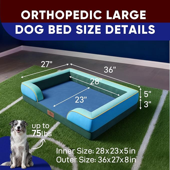 Comfort Expression Orthopedic Dog Bed for Large Dogs 36x27 Inch, Waterproof Egg Crate Foam Large Pet Bed with Bolsters, Dog Couch with Washable Cover & Non-Slip Bottom, Dallas