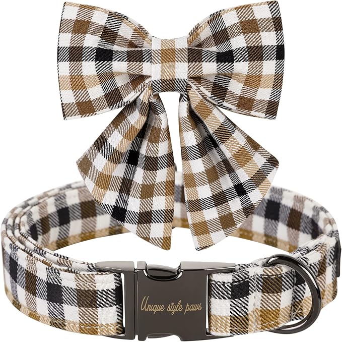 Unique style paws Christmas Dog Collar with Bow Tie Brown Plaid Puppy Collar for Small Medium Large Dogs as Autumn Winter Pet Gifts-L