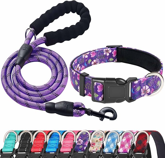 Ladoogo Reflective Dog Collar Padded with Soft Neoprene Breathable Adjustable Nylon Dog Collars for Small Medium Large Dogs (Medium (Pack of 1), Purple/Pink Floral Collar+Leash)