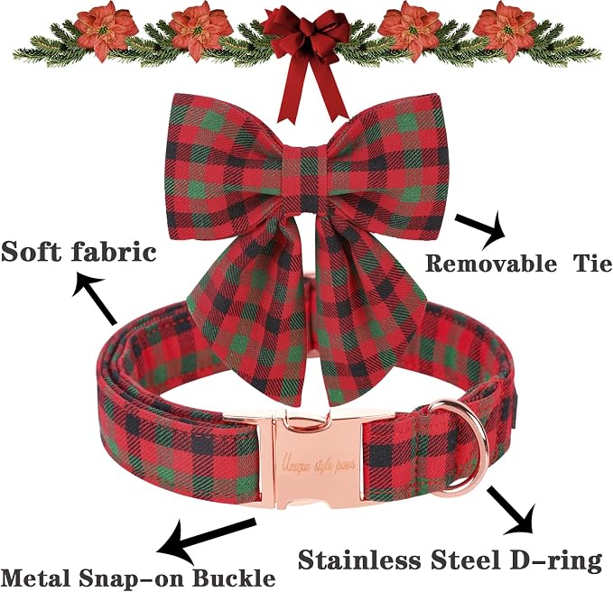 Unique style paws Christmas Dog Collar with Bow Tie Black Red Green Plaid Puppy Collar for Small Medium Large Dogs as Autumn Winter Pet Gifts-S