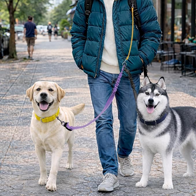 Double Dog Leash for Two Dogs, Professional No Tangle 360° Swivel Coupler with Shock Absorbing Bungee, Adjustable Length Dual-Sided Reflective Two Dogs Lead Splitter for Small Medium Large Dog