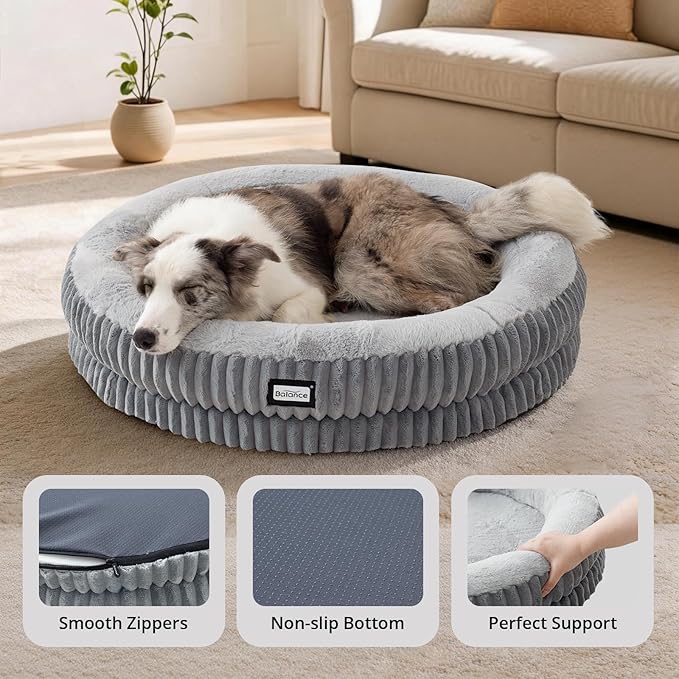 BALANCE Donut Dog Bed, 36 Inches Round Dog Bed Large Size Dogs Washable, Orthopedic Calming Dogs Beds for Pets, Fluffy Plush Faux Fur Pet Bed with Anti-Slip Bottom