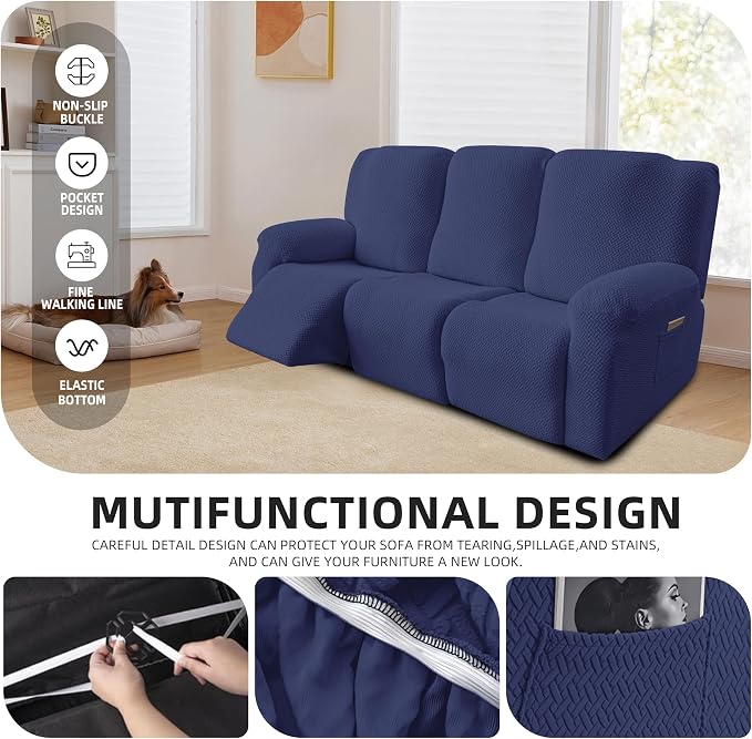 Genina Recliner Sofa Covers - Stretch Reclining Couch Covers with Stripe Jacquard - 3 Seat Cushion Slipcovers with Soft Fabric - Furniture Protector for Pet Kid (Navy Blue)