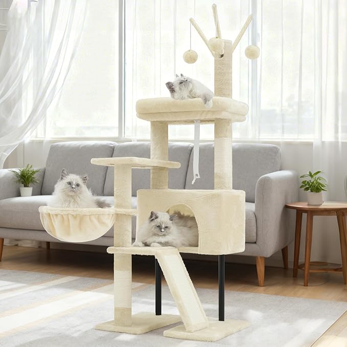 Gitelsnour Cat Tree for Indoor Cats, Cat Tower with Scratching Post for Small Cats and Kittens, Cat House with Removable Top Platform and Fluffy Balls, Hanging Cat Basket, Beige GCT006SM