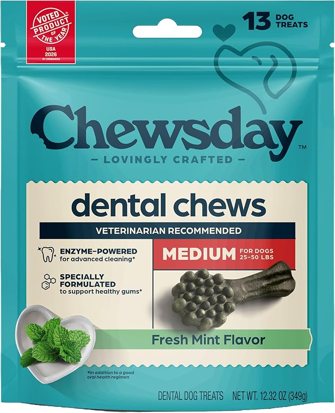 Chewsday Fresh Mint Flavor Dental Chews, Medium Dog Treats, Healthier Teeth and Fresher Breath, Enzyme Powered for Advanced Cleaning, Made in the USA, 13 Count