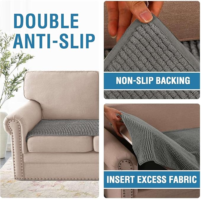 H.VERSAILTEX Plush Chenille Couch Cover for 3 Cushion Couch Anti Slip Washable Sofa Slipcovers Soft and Durable Furniture Protector for Dogs Cats Kids (27.5" x 71", Gray)