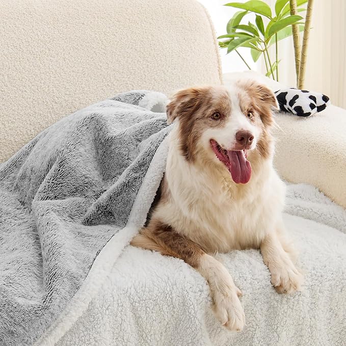 ChiXnuggle Waterproof Dog Blankets for Large Dogs, Reversible Faux Fur & Sherpa Washable Pet Blanket, Soft Pet Throw for Couch Bed Protection, 50"x60", Light Grey