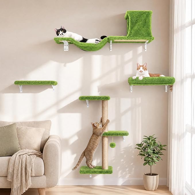 FUKUMARU Cat Wall Shelves, Stable & Safe 5 in 1 Cat Walls Furniture Set, Wooden Kitten Climbing Wall with Scratching Post for 16 Inch Drywall - Green