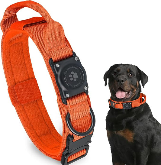 Tactical AirTag Dog Collar, 100% Waterproof Integrated Apple Air Tag Dog Collars with Hard PC AirTag Holder, Adjustable Military Collar with Handle, GPS Dog Collar for Medium Large Dogs(Orange,L)