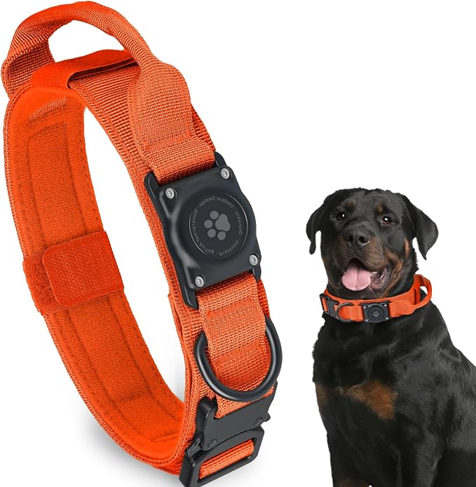 Tactical AirTag Dog Collar, 100% Waterproof Integrated Apple Air Tag Dog Collars with Hard PC AirTag Holder, Adjustable Military Collar with Handle, GPS Dog Collar for Medium Large Dogs(Orange,M)