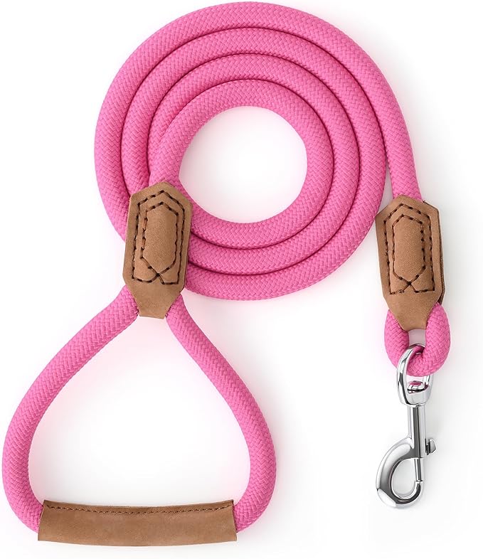 Mile High Life Leather Dog Leash, Heavy Duty Strong Genuine Leather Handle Rope Leash Soft and Comfortable for Small Medium Large Dogs (Hot Pink, 72 Inch)