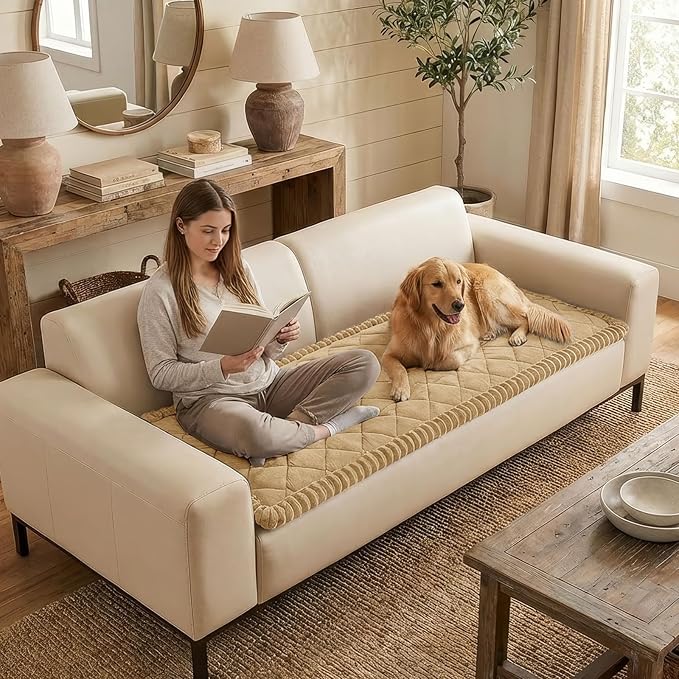 Smiry Couch Cover for Dogs, Non Slip Washable Pet Sofa Protector for Large Dogs, Cats, Fuzzy Plush Sofa Covers for 3 Cushion Couch, Against Fur, Dirt & Scratch Resistant, Camel, 27.6"×82.7"