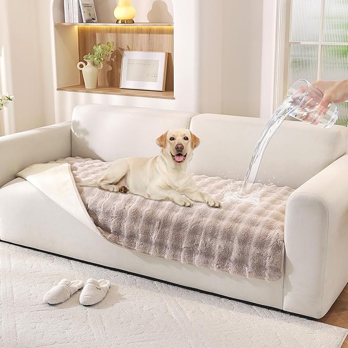 Waterproof Dog Bed Cover Non Slip Couch Covers for Dogs Washable Soft Faux Fur Sofa Cover Couch Covers for 2 Cushion Couch Sofa Pet Friendly (Khaki)