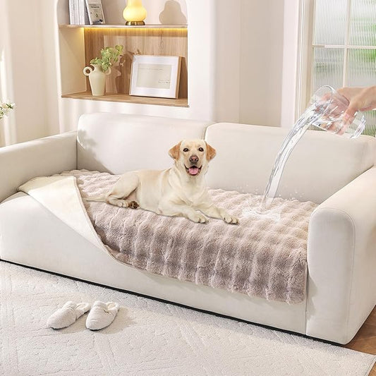 Waterproof Dog Bed Cover Non Slip Couch Covers for Dogs Washable Soft Faux Fur Sofa Cover Couch Covers for 2 Cushion Couch Sofa Pet Friendly (Khaki)