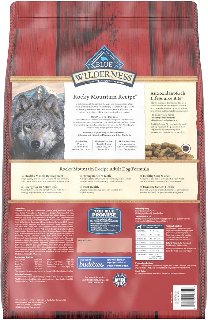 Blue Buffalo Wilderness Rocky Mountain Recipe with Red Meat High Protein with Grains Dry Dog Food for Adult Dogs, 30% Protein, Supports Immunity With Antioxidant-Rich LifeSource Bits, 13 lbs.