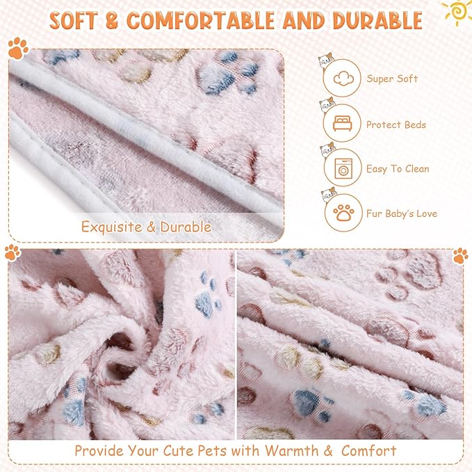 Tatuo 4 Pack Fleece Dog Blankets for Puppy Cats Multi-Size Sleep Mat for Pet Guinea Pig Soft Washable Warm Crate Bed Puppy Teething Toys Print Pattern Blanket Indoor(Beige,30 x 20.5 Inch,Paw)