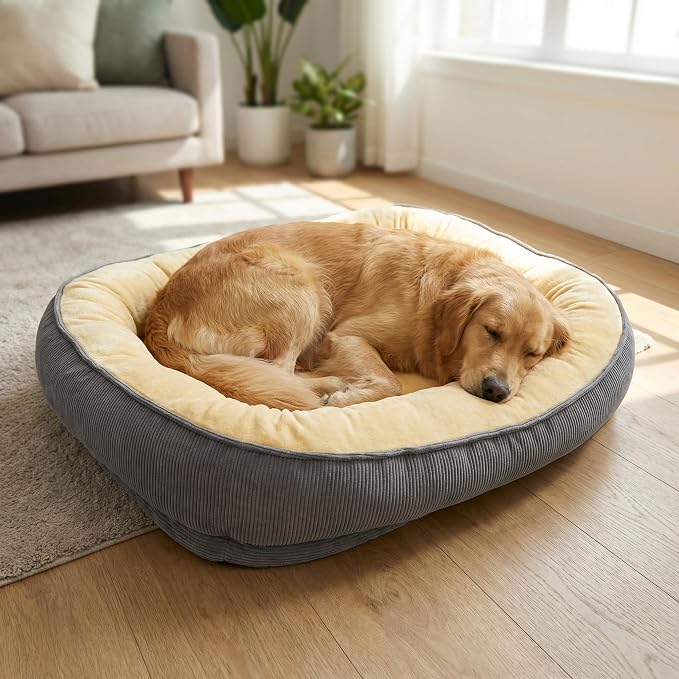Calming Dog Bed for Medium Dogs 26"x19" - Orthopedic Washable Pet Bed with Anti-Slip Bottom, Indoor Soft Cat Bed with Removable Cover (Beige)