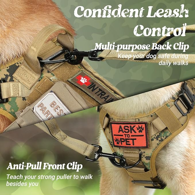rabbitgoo Tactical Dog Harness for Large, Heavy Duty Pet Harness with Handle, No-Pull Service Vest Large Breed, Adjustable Military Dog Vest for Training Hunting Walking, Brown Camo, L