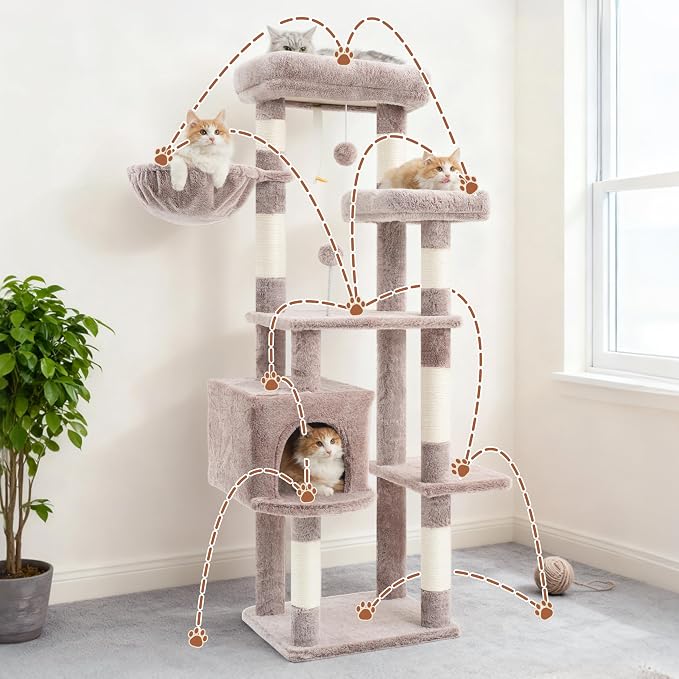 Gitelsnour Cat Tree for Indoor Cats, 55.1 inch Cat Tower with 7 Sisal Scratching Posts, Multi-Level Cat Condo wit Large Play Platform Furry Ball, Cat Cave, 2 Padded Perches, Basket, Mushroom GCT013MU