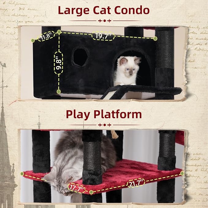 Gitelsnour Gothic Cat Tree for Large Cats, 78.7"(200cm) Tall Cat Tower for Indoor Cats Multiple Cats with Large Top Perch, Cat Condo, Cat Hammcok, Cat Scratching Post, Black and Red GCT031BR