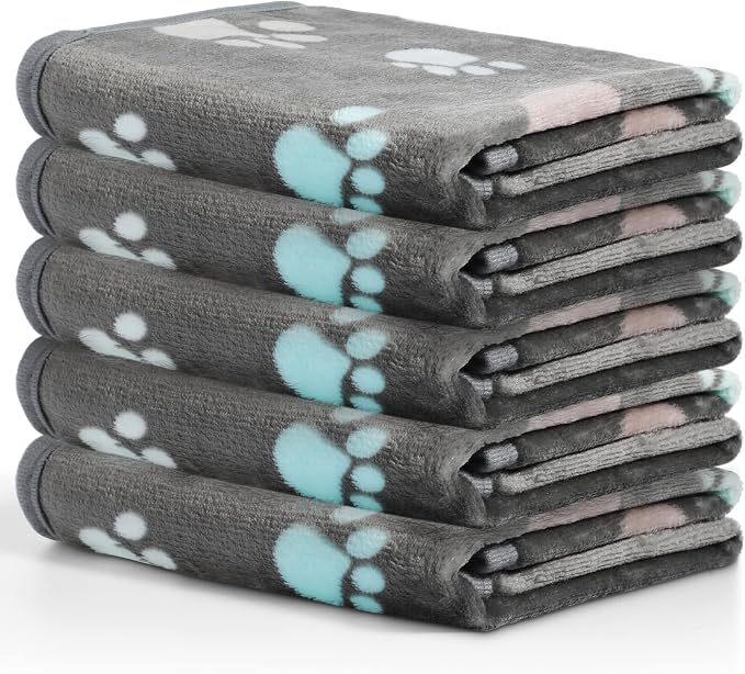 Tegeme 12 Pcs Pet Blankets 23 x 16 Inch Soft Fluffy Fleece Dog Cat Warm Paw Print Pattern Blankets Flannel Throw for Pets Dog Puppy Cat(Dark Gray)