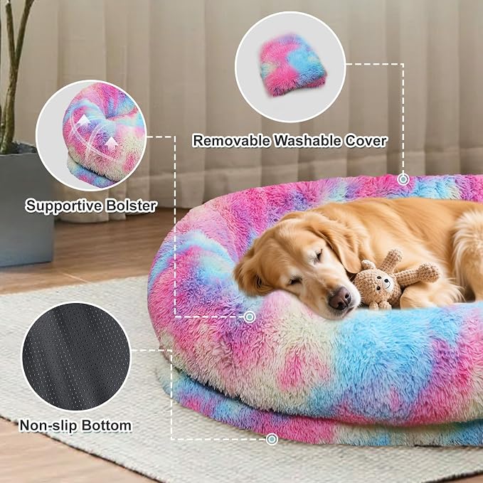 YAEM Human Dog Bed for Adult and Pets - 71"x45"x12" Dogs Beds for Humans with Washable Faux Fur Cover, Plump Pillow, Blanket, Orthopedic Design, Strap-Rainbow