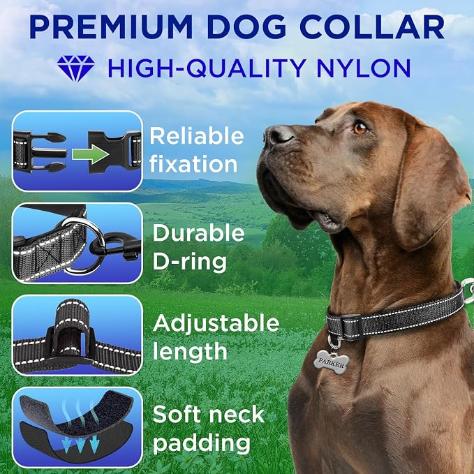 TECEUM Reflective Dog Collar – Black – L – Extra Soft Padding – Basic Nylon Pet Collar – Quick Release Buckle – Fits Small, Medium and Large Dogs, Puppies, Cats – ESA & Service Dog Options