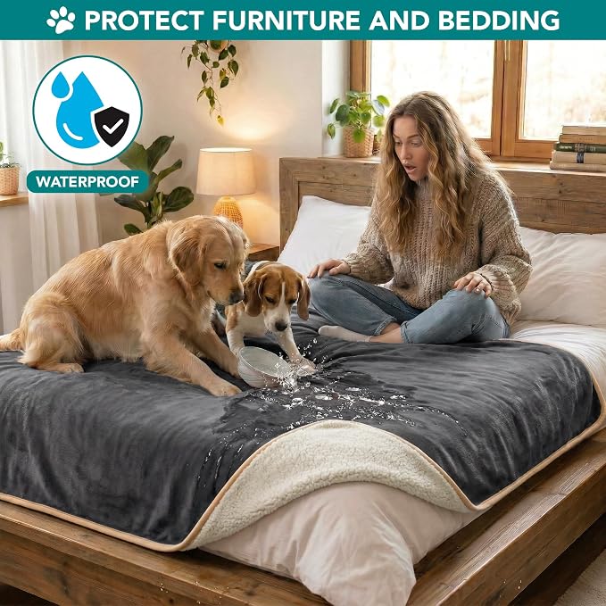 PetAmi Waterproof Dog Blanket for Extra Large Dogs, Pee Proof Pet Blanket for Bed Couch, Reversible Water Proof Blanket for Puppy Indoor Cat, Soft Dog Crate Cover Washable, Queen 90x90 Gray/Beige