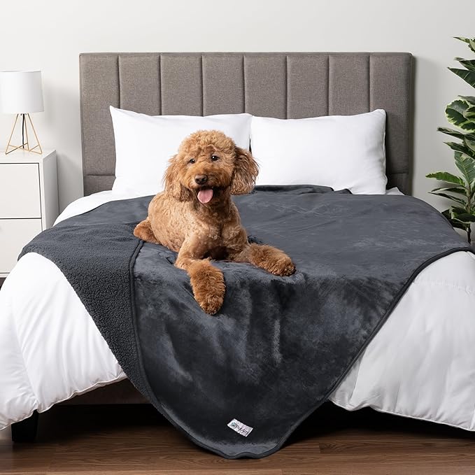 PetAmi Sherpa Fleece Waterproof CAT and Dog Blanket, Gray, Queen
