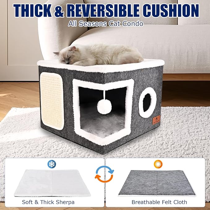Felt Cat Cave Beds for Indoor Cats, Foldable Cat Hideaway with Scratch Pad and Fluffy Ball, Large Covered Cat House with Reversible Cushion for Multi Small Pet