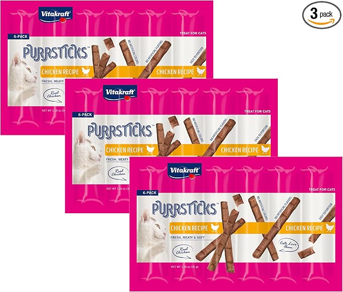 Vitakraft PurrSticks Cat Sticks, Chicken, 18 Sticks | Breakable Meatstick | Tender Texture | Pack of 3