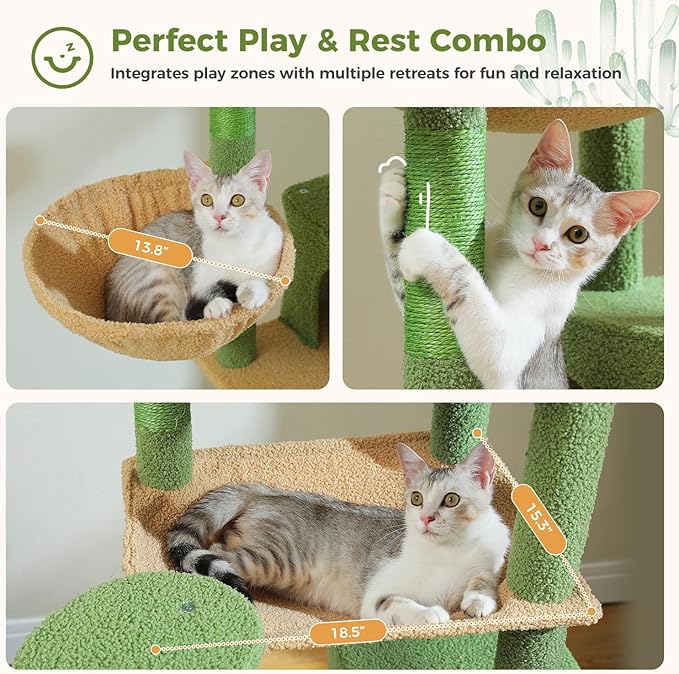 69” Tall Cat Tree for Indoor Cats Large Adult, Multi-Level Cat Tower with Scratching Post, Dual Top Perches, Big Hammock & 2 Spacious Condos, Cat Furniture for Multi-Cat Households, Green