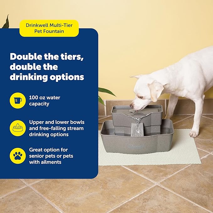 PetSafe Multi-Tier Pet Fountain Large Waterer Great for Cats and Dogs 2 Heights to Drink from Great for Senior Pets 100 Oz Water Capacity Fresh, Filtered Water