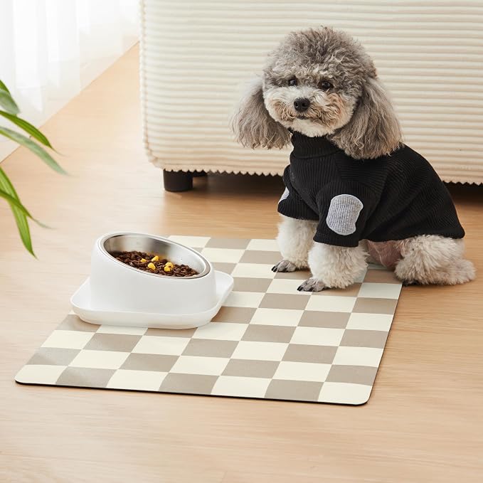 Checkered Dog Feeding Mat, Absorbent Mats for Dog Food and Water Bowl, Dispenser, Aesthetic Khaki Beige Checkerboard Pet Placemat for Dogs, Cats, Puppy Accessories (Khaki, 16 x 24)