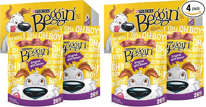Purina Beggin' Strips Dog Treats,Original with Bacon Flavor - 26 oz. Pouches,(Pack of 4)