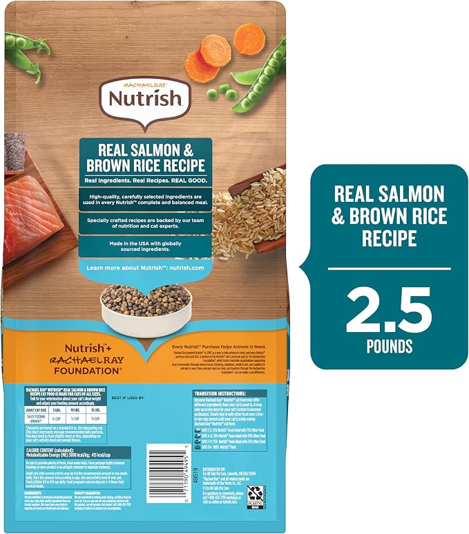 Nutrish Rachael Ray Dry Cat Food Real Salmon & Brown Rice Recipe, 2.5 lb. Bag