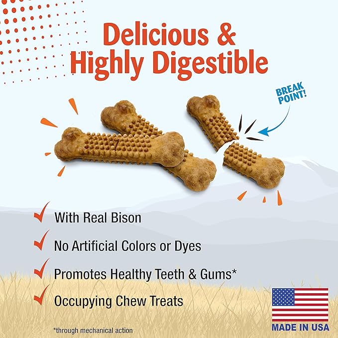 Nylabone Nubz Wild Natural Dog Chew Treats for Small Dogs, Long Lasting Dog Chew Bones Made in USA, Bison Flavor, Small Dog Bones for Dogs Up to 25 lbs. (12 Count)