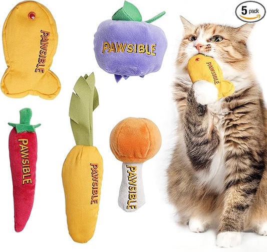 Pawsible 5 Pack Catnip Toys for Indoor Cats - 100% Organic Catnip Filled, No Cotton, Durable Teething Kicker Toys for Kittens, Food-Shaped Plush Chew Toys