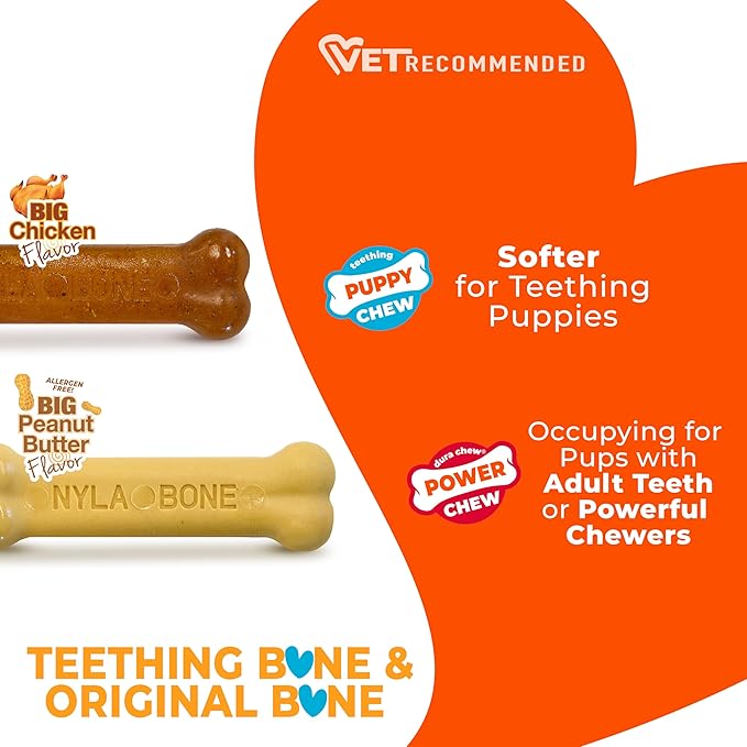 Nylabone New Puppy Power Chew Stages, Soothing Puppy Teething Toys, Chew Bones for Puppies, Long Lasting Peanut Butter & Chicken Flavor, For X-Small Dogs - Up to 15 lbs., 2 Pack