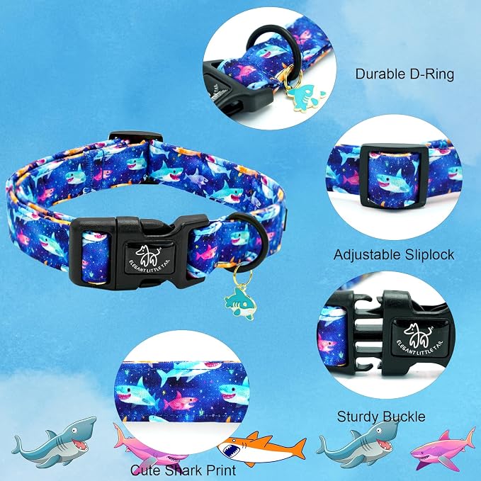 Elegant little tail Dog Collar- Cute Dog Pet Collars Blue Shark Print Puppy Adjustable Soft Cotton Boy Dog Collars for Small Medium Large Dogs, Large
