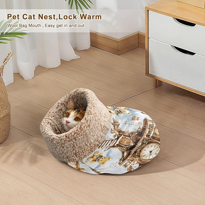 Upgraded Self-Heating Cat Sleeping Bag, 360° Cozy Plush Snuggle Cave for Indoor Cats & Small Dogs, Semi-Enclosed Anxiety Relief Bed with Fleece Lining (19’’x23’’, Christmas Snow Treehouse)