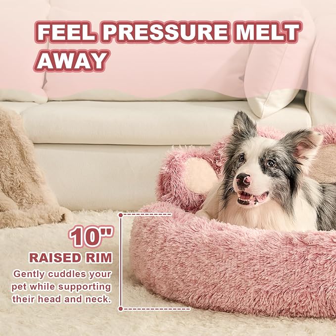 Jiupety Paw Shape Calming Pet Bed, Medium Plush Faux Fur Donut Bed for Dogs & Cats, Machine Washable, Non-Slip Bottom, Extra Large Size (32"×32"×10"), Pink