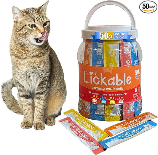 Fieldcrest Farms Lickable Creamy Cat Treats – 50ct Variety Pack – 4 Savory Flavors (Chicken, Tuna, Duck, Salmon) with Taurine – Smooth, Tasty Cat Treat Tubes – Serve by Hand, Dish, or as a Topper