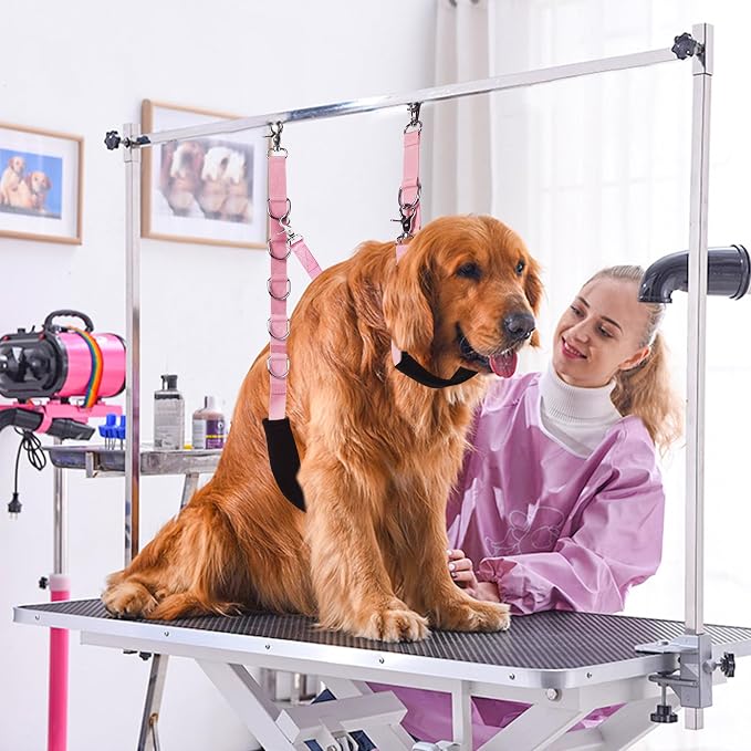 Dog Grooming Belly Strap - Dog Grooming Table Arm Extender with Clamp Extension Loop Bathing Restraint Leash No Sit Haunch Holder for Small & Medium Dogs Hair Cutting Washing (Pink)