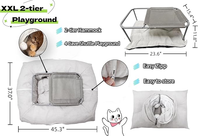 XxingSheep 2-Tier Hammock XXL Cat Tunnel Bed, 4 Cave Premium Hemp Fabric for Indoor Cats Toys Cave Donut with Soft Mat